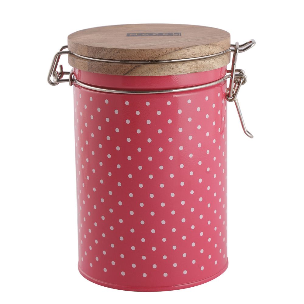 HAZEL Kitchen Container with Clip Lock | Storage Box For Kitchen with Polka Dot Design | Food Grade Kitchen Container with Wooden Lid, 1130 ML, Pink