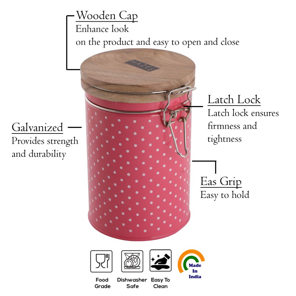 HAZEL Kitchen Container with Clip Lock | Storage Box For Kitchen with Polka Dot Design | Food Grade Kitchen Container with Wooden Lid, 1130 ML, Pink