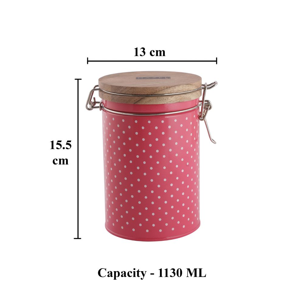 HAZEL Kitchen Container with Clip Lock | Storage Box For Kitchen with Polka Dot Design | Food Grade Kitchen Container with Wooden Lid, 1130 ML, Pink