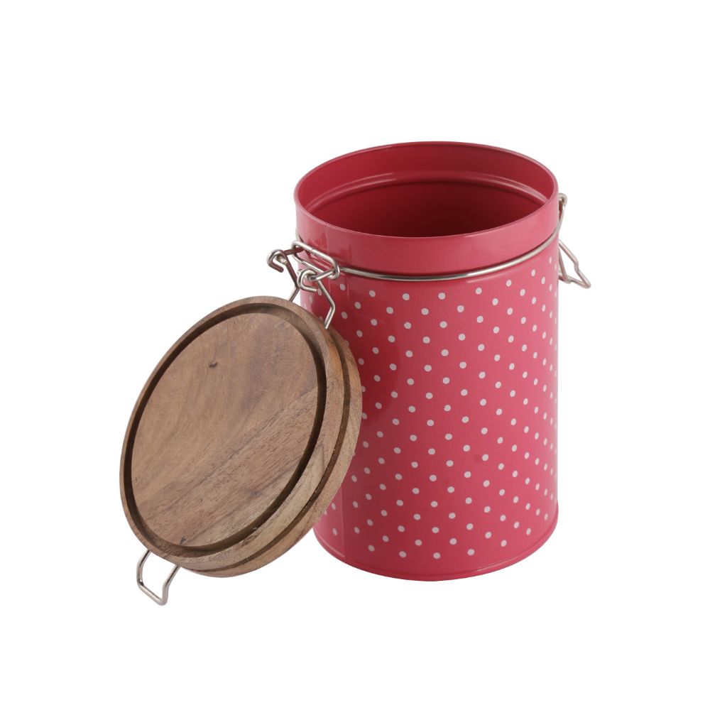 HAZEL Kitchen Container with Clip Lock | Storage Box For Kitchen with Polka Dot Design | Food Grade Kitchen Container with Wooden Lid, 1130 ML, Pink