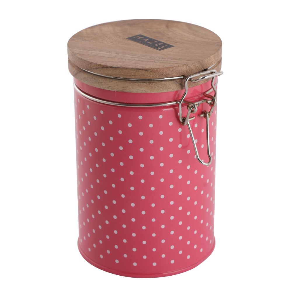 HAZEL Kitchen Container with Clip Lock | Storage Box For Kitchen with Polka Dot Design | Food Grade Kitchen Container with Wooden Lid, 1130 ML, Pink