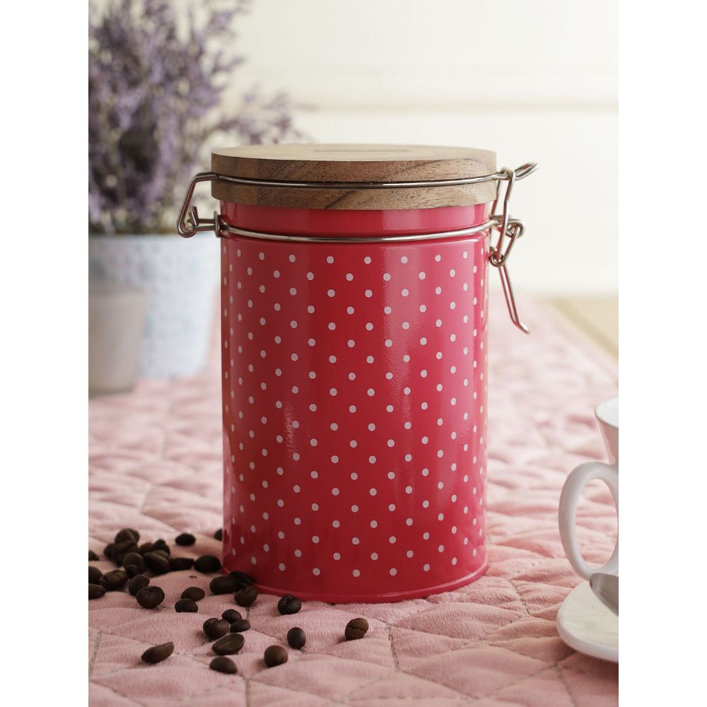 HAZEL Kitchen Container with Clip Lock | Storage Box For Kitchen with Polka Dot Design | Food Grade Kitchen Container with Wooden Lid, 1130 ML, Pink