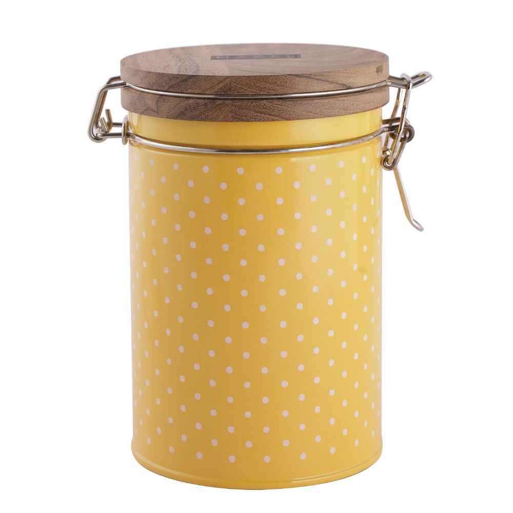 HAZEL Kitchen Container with Clip Lock | Storage Box For Kitchen with Polka Dot Design | Food Grade Kitchen Container with Wooden Lid, 1130 ML, Yellow