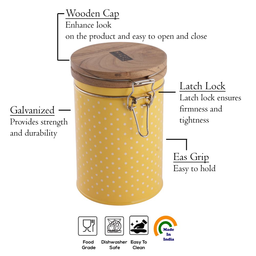 HAZEL Kitchen Container with Clip Lock | Storage Box For Kitchen with Polka Dot Design | Food Grade Kitchen Container with Wooden Lid, 1130 ML, Yellow