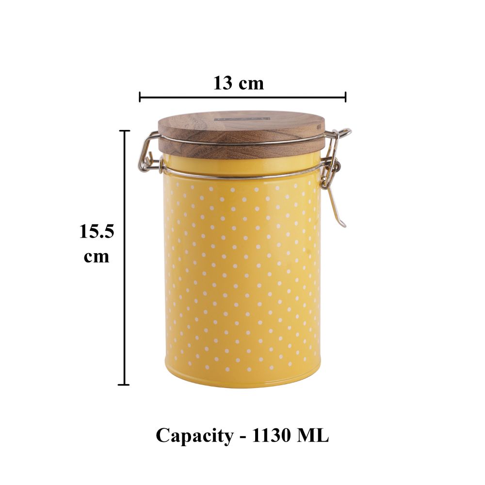 HAZEL Kitchen Container with Clip Lock | Storage Box For Kitchen with Polka Dot Design | Food Grade Kitchen Container with Wooden Lid, 1130 ML, Yellow