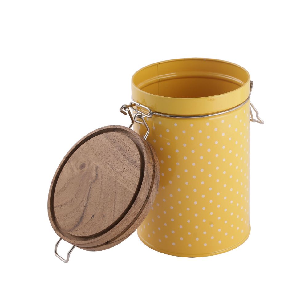 HAZEL Kitchen Container with Clip Lock | Storage Box For Kitchen with Polka Dot Design | Food Grade Kitchen Container with Wooden Lid, 1130 ML, Yellow