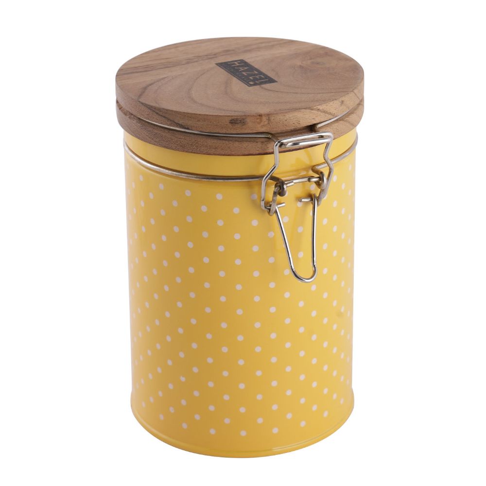 HAZEL Kitchen Container with Clip Lock | Storage Box For Kitchen with Polka Dot Design | Food Grade Kitchen Container with Wooden Lid, 1130 ML, Yellow