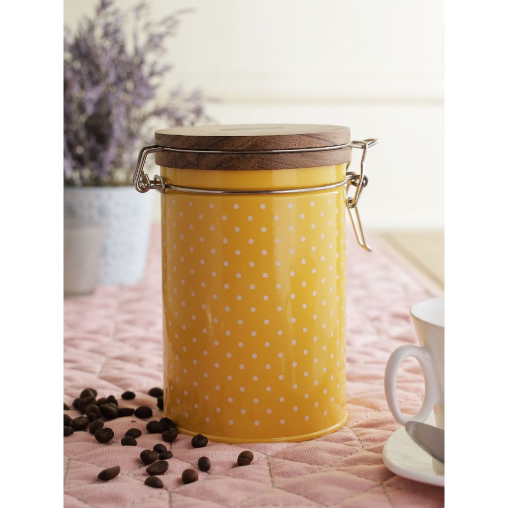 HAZEL Kitchen Container with Clip Lock | Storage Box For Kitchen with Polka Dot Design | Food Grade Kitchen Container with Wooden Lid, 1130 ML, Yellow