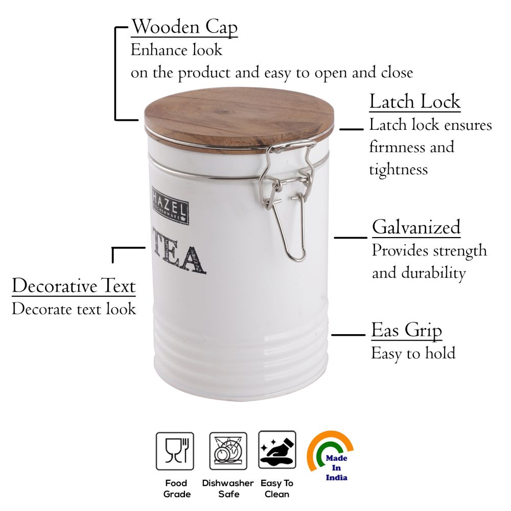 HAZEL Tea Container with Wooden Lid for Kitchen | Tea Powder Storage Box For Kitchen |Food Grade Kitchen Container with Name, 1110 ML, White