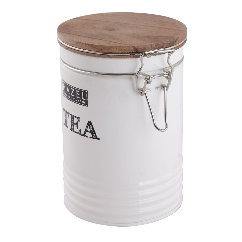HAZEL Tea Container with Wooden Lid for Kitchen | Tea Powder Storage Box For Kitchen |Food Grade Kitchen Container with Name, 1110 ML, White