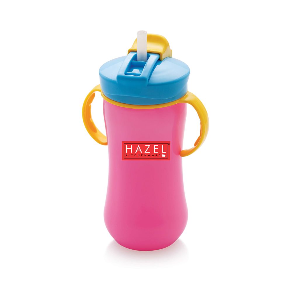 HAZEL Plastic Sipper Water Bottle With Smart Lock for Kids | Food Grade Plastic Bottle With Straw | Smart Bottle | Children Drink Bottle for kids, 450 ML, Pink