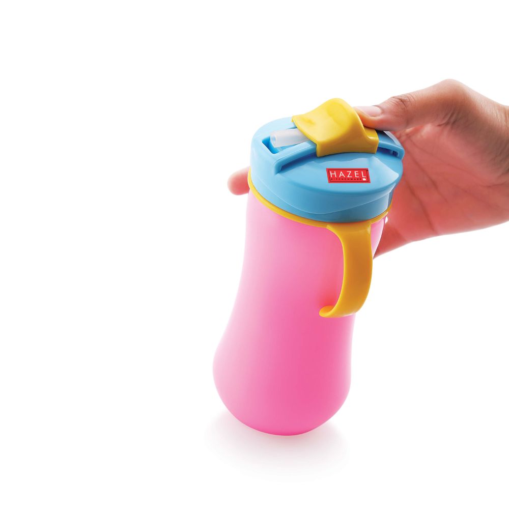 HAZEL Plastic Sipper Water Bottle With Smart Lock for Kids | Food Grade Plastic Bottle With Straw | Smart Bottle | Children Drink Bottle for kids, 450 ML, Pink