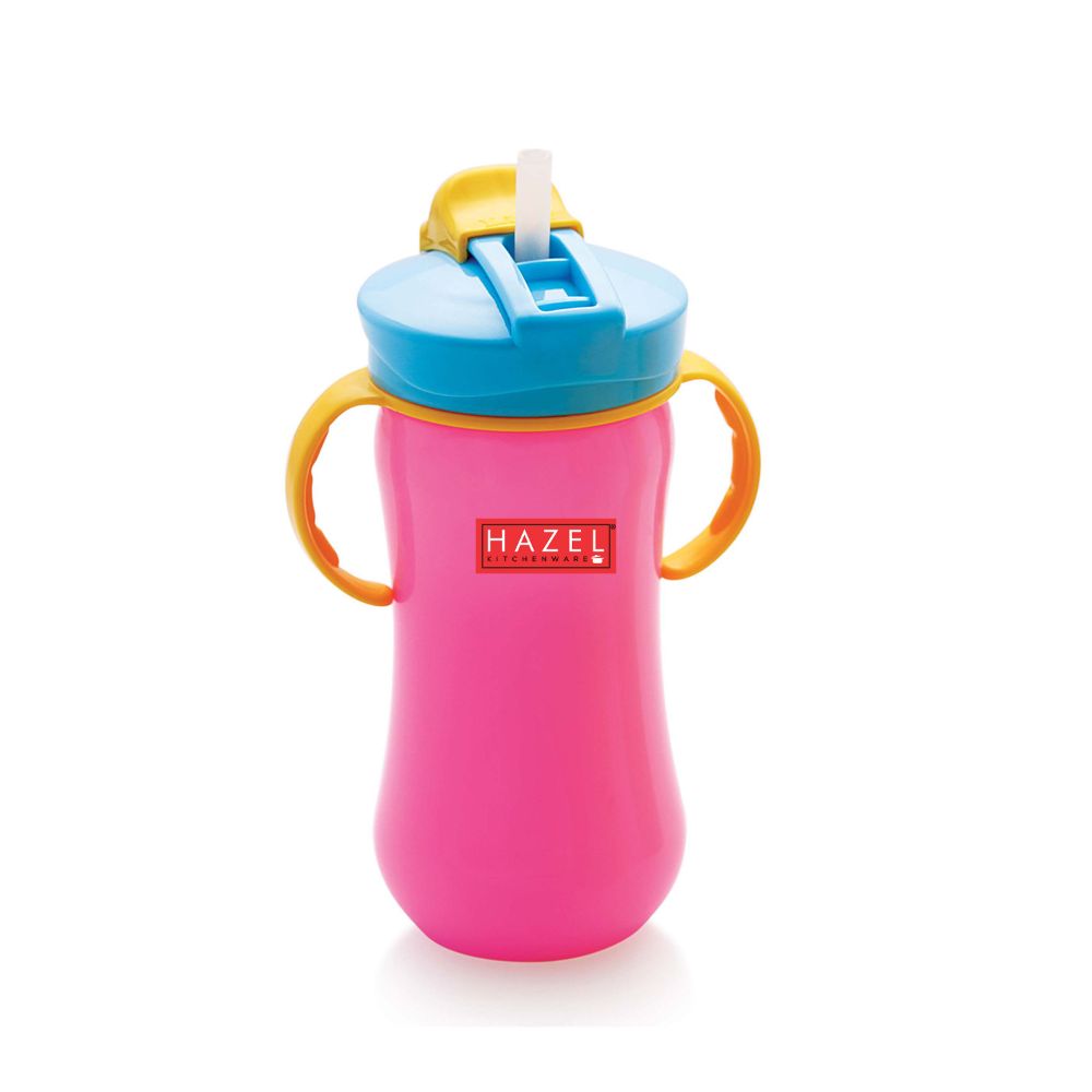 HAZEL Plastic Sipper Water Bottle With Smart Lock for Kids | Food Grade Plastic Bottle With Straw | Smart Bottle | Children Drink Bottle for kids, 450 ML, Pink