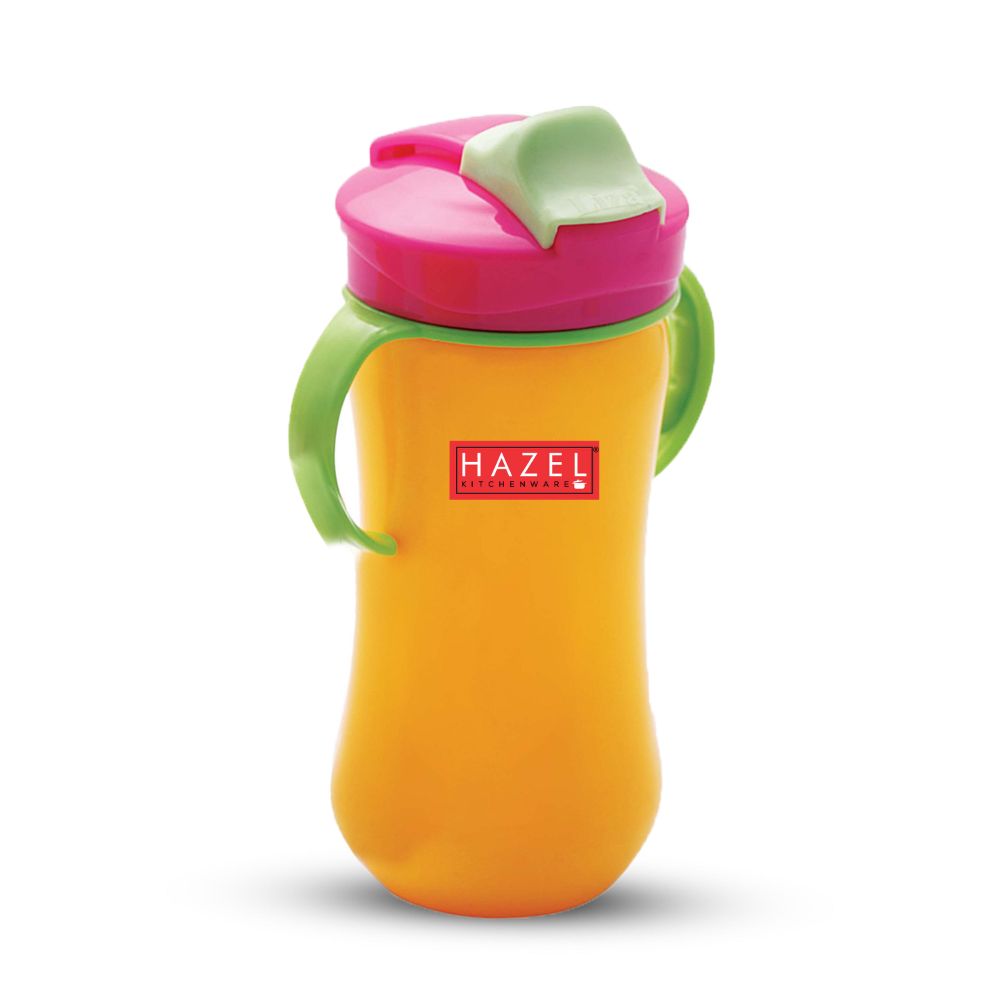 HAZEL Plastic Sipper Water Bottle With Smart Lock for Kids | Food Grade Plastic Bottle With Straw | Smart Bottle | Children Drink Bottle for kids, 450 ML, Yellow