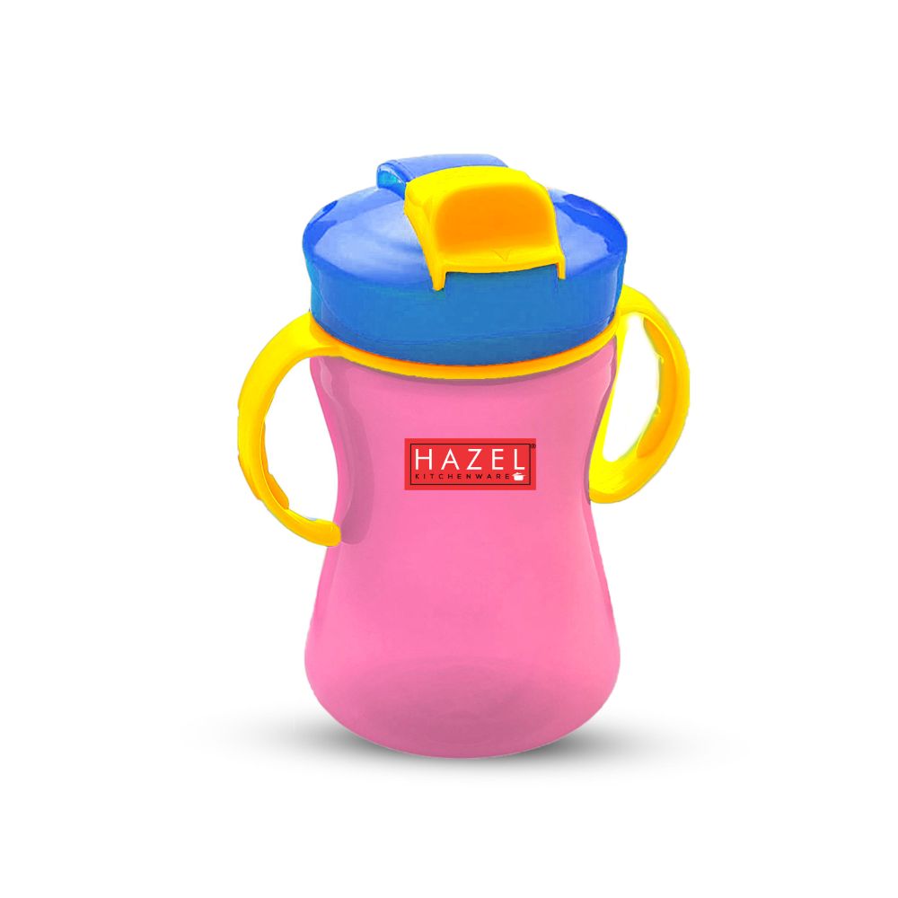 HAZEL Plastic Sipper Water Bottle With Smart Lock for Kids | Food Grade Plastic Bottle With Straw | Smart Bottle | Children Drink Bottle for kids, 350 ML, Pink