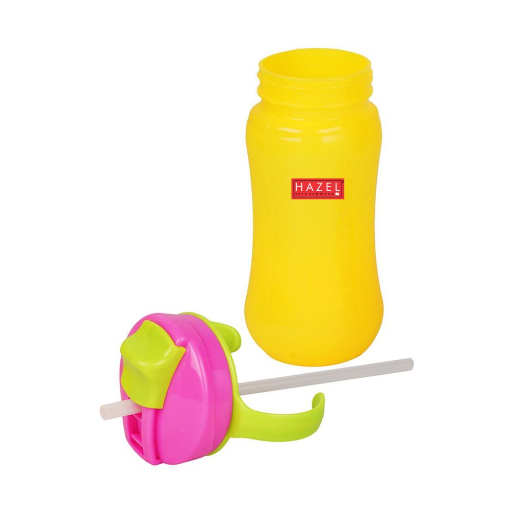 HAZEL Plastic Sipper Water Bottle With Smart Lock for Kids | Food Grade Plastic Bottle With Straw | Smart Bottle | Children Drink Bottle for kids, 350 ML, Yellow