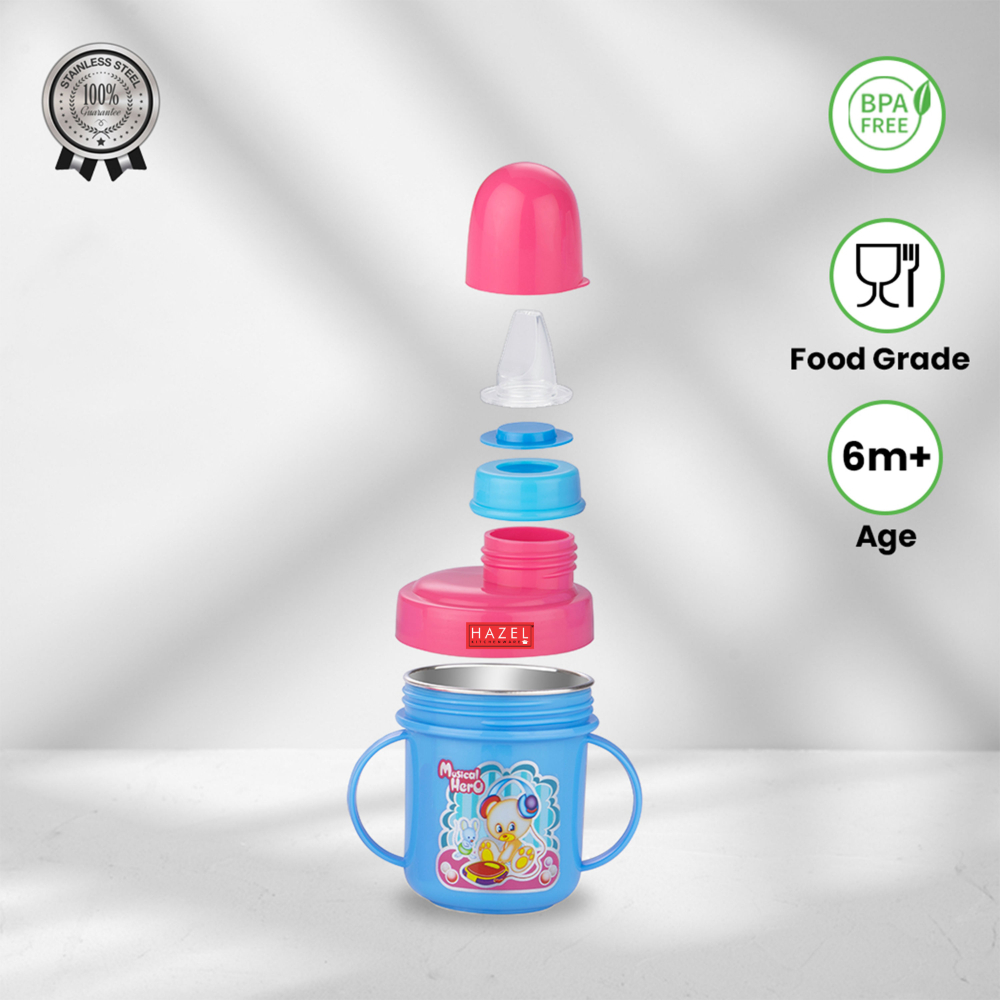 HAZEL Leak Proof Inner Stainless Steel Water Bottle For Kids | Air Tight Bottle For Kids | Small Kids Food Grade Sipper Bottle with Multi Layered Lid, 240 ML, Pink and Sky Blue