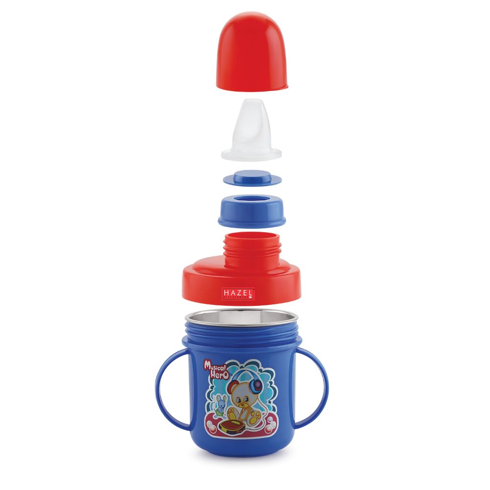 HAZEL Leak Proof Inner Stainless Steel Water Bottle for School Kids | Multi Lid Plastic Sipper Bottle For School Children | Small Kids BPA Free Bottle, 240 ML, Red and Blue