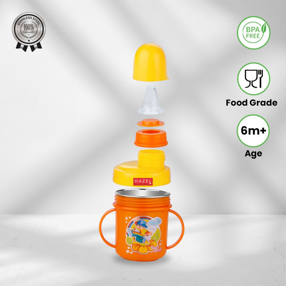 HAZEL Leak Proof Inner Stainless Steel Water Bottle for School Kids | Multi Lid Plastic Sipper Bottle For School Children | Small Kids BPA Free Bottle, 240 ML, Yellow and Orange
