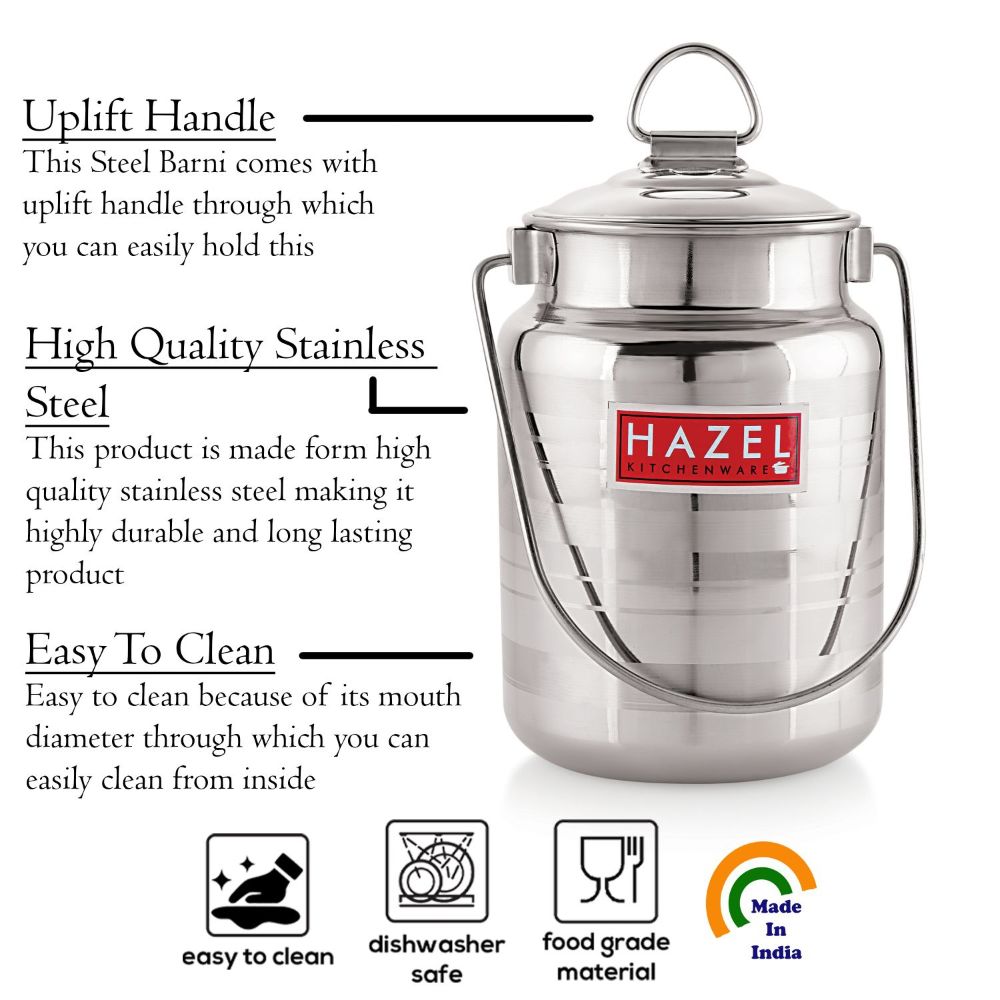 HAZEL Stainless Steel Designer Barani, Milk, Ghee, Oil Multipurpose Container, 1.5 Ltr, Silver