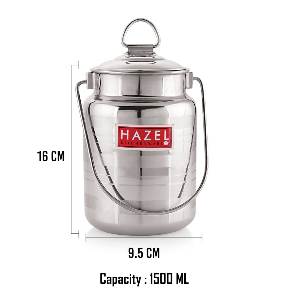 HAZEL Stainless Steel Designer Barani, Milk, Ghee, Oil Multipurpose Container, 1.5 Ltr, Silver