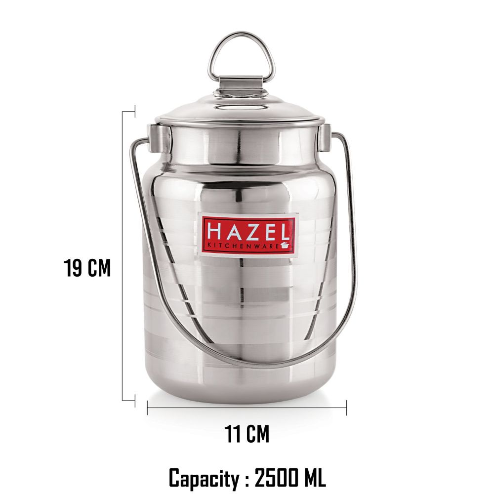 HAZEL Stainless Steel Designer Barani, Milk, Ghee, Oil Multipurpose Container, 2.5 Ltr, Silver