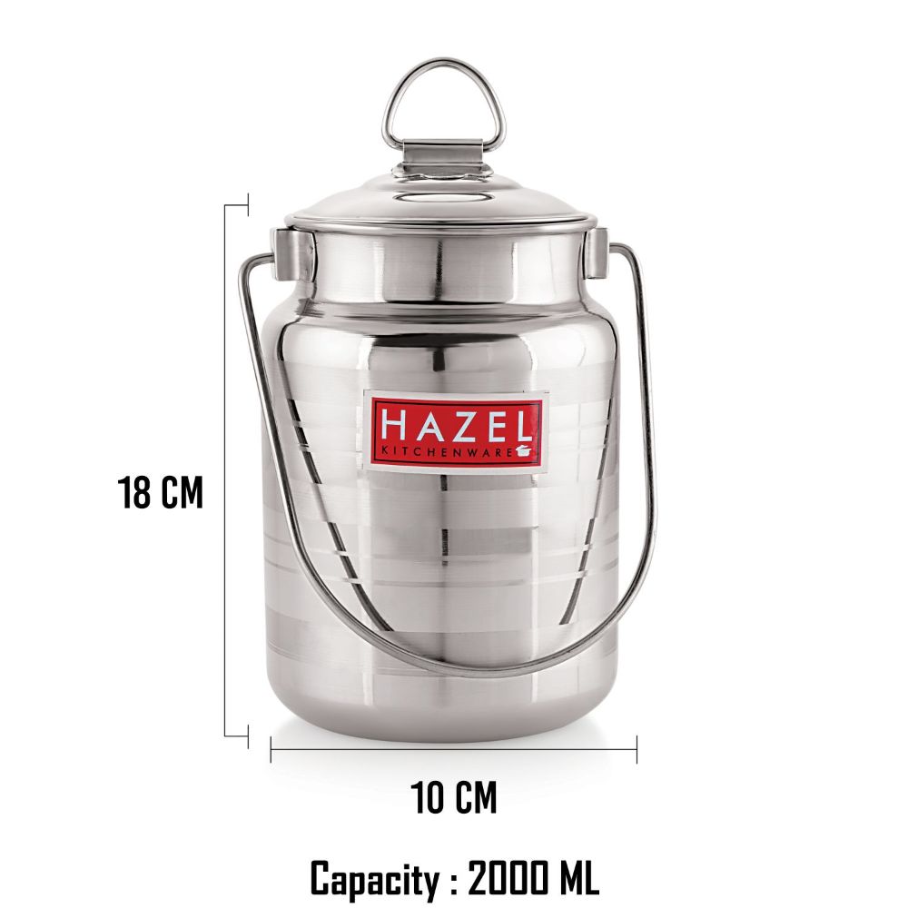 HAZEL Stainless Steel Designer Barani, Milk, Ghee, Oil Multipurpose Container, 2 Ltr, Silver