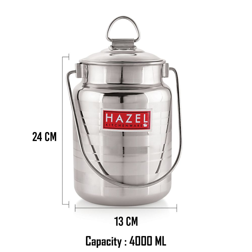 HAZEL Stainless Steel Designer Barani, Milk, Ghee, Oil Multipurpose Container, 4 Ltr, Silver