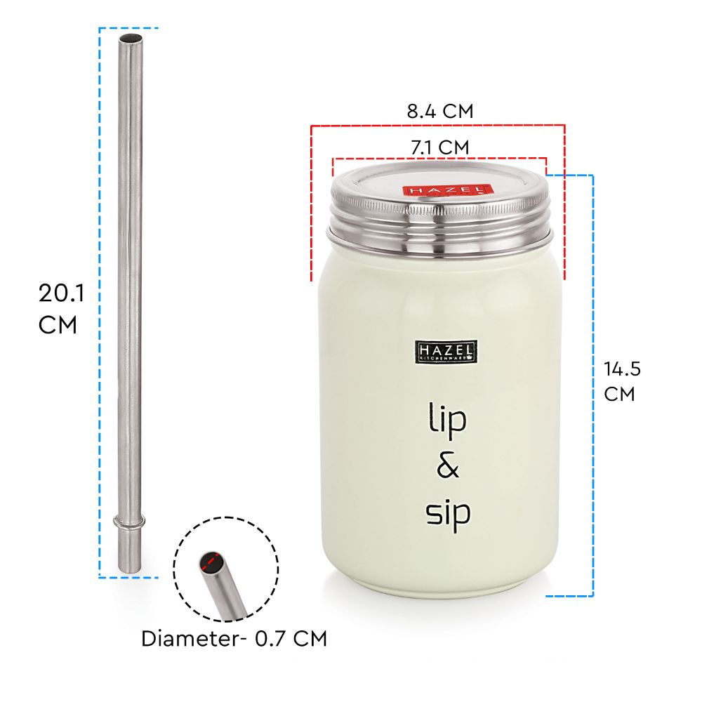HAZEL Sipper Jar with container | 2 in 1 Steel Jar and Container with 2 Lids and Straw | Stainless steel Jar with Glossy Finish, Cream, 700 ML