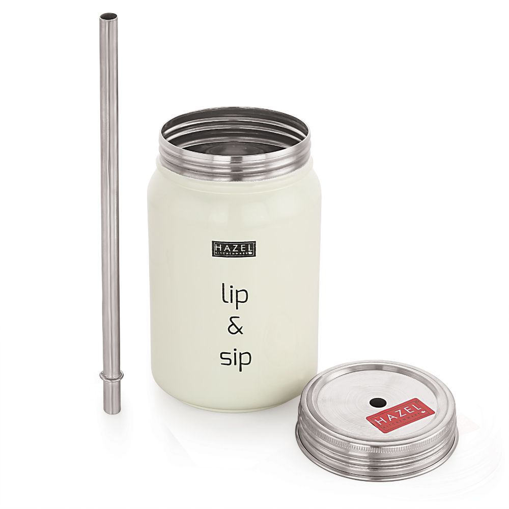 HAZEL Sipper Jar with container | 2 in 1 Steel Jar and Container with 2 Lids and Straw | Stainless steel Jar with Glossy Finish, Cream, 700 ML