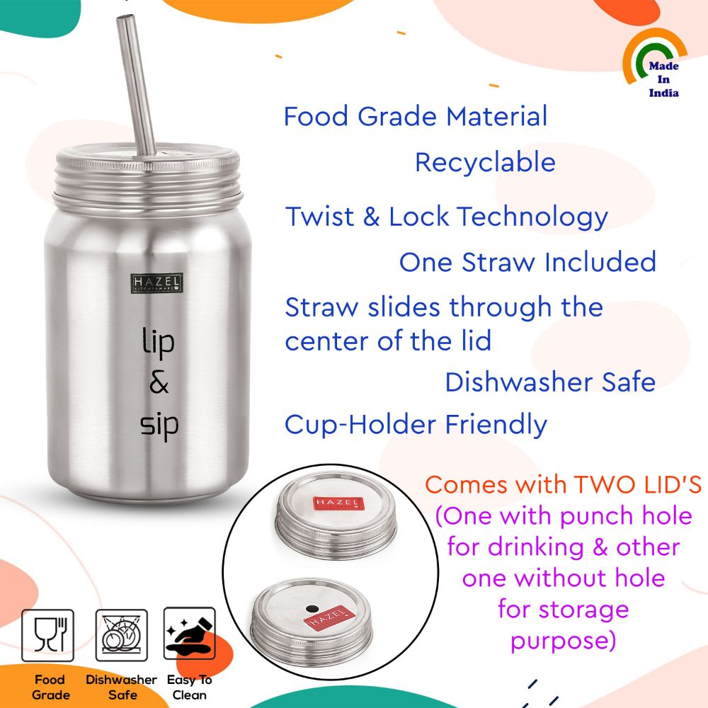 HAZEL Sipper Jar with container | 2 in 1 Steel Jar and Container with 2 Lids and Straw | Stainless steel Jar with Glossy Finish, Silver, 700 ML