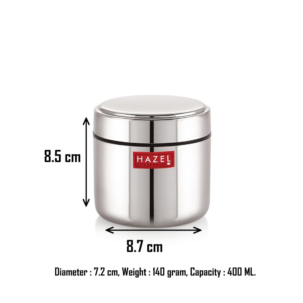 HAZEL Stainless Steel Mini Container Heavy Gauge Premium Airtight Dabbi Dabba Set of 1, 400 ML, Silver