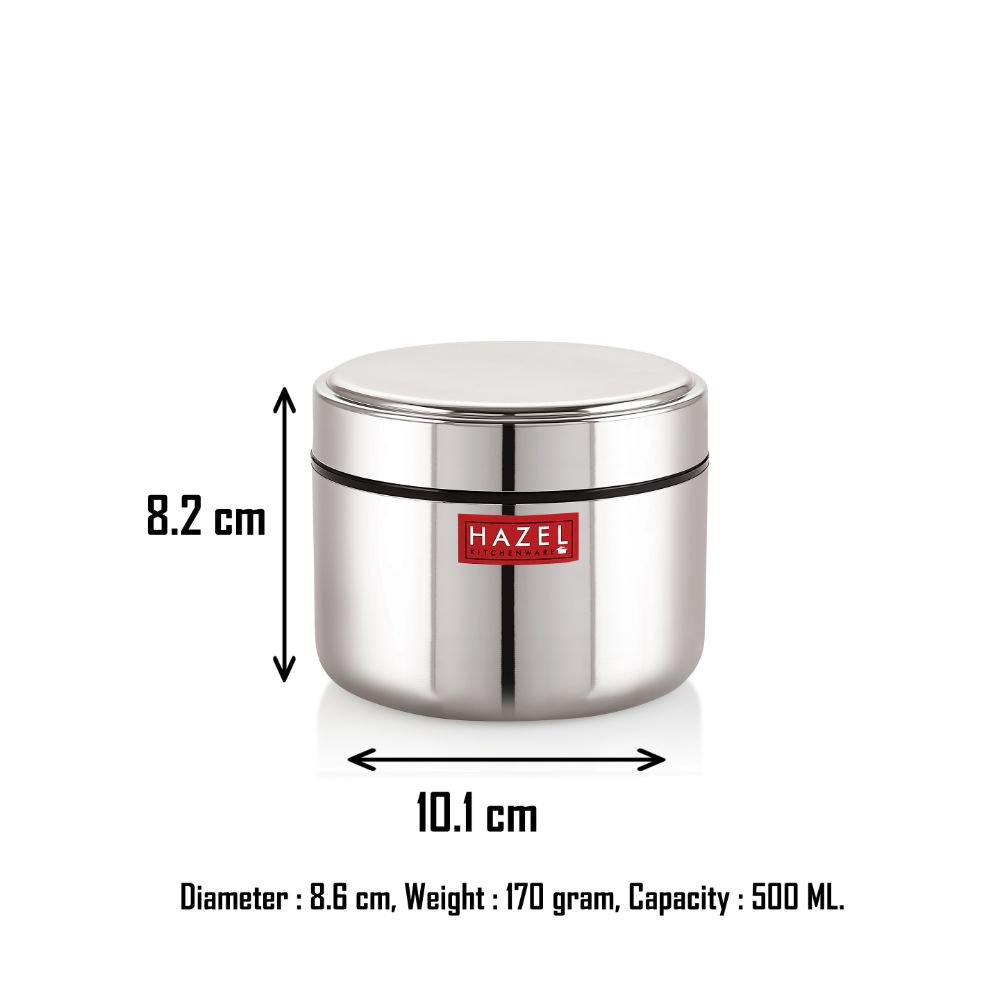 HAZEL Stainless Steel Mini Container Heavy Gauge Premium Airtight Dabbi Dabba Set of 1, 500 ML, Silver