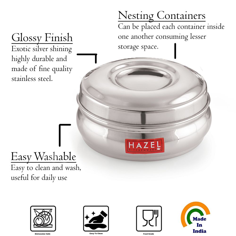 HAZEL Stainless Steel Kitchen Containers Set of 4 with Glossy Finish with Airtight Lid