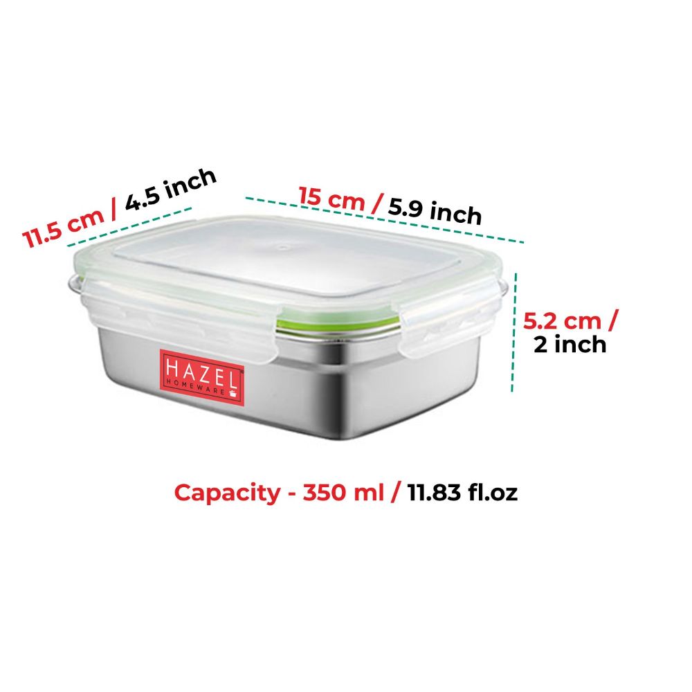 HAZEL Stainless Steel Tiffin Box | Airtight Container Leak Proof Lunch Box | Rectangle Food Storage Container For Kitchen Airtight Dabba | Microwave Safe Containers, 350 ML, Silver