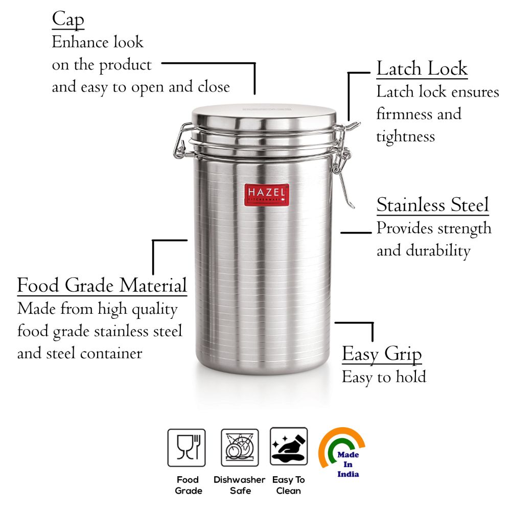 HAZEL Stainless Steel Container with Clip Lock |Steel Container For Kitchen Storage Set | Steel Storage Box For Kitchen, 1400 ML, Silver