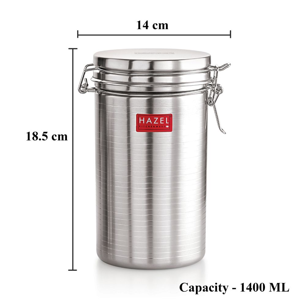 HAZEL Stainless Steel Container with Clip Lock |Steel Container For Kitchen Storage Set | Steel Storage Box For Kitchen, 1400 ML, Silver