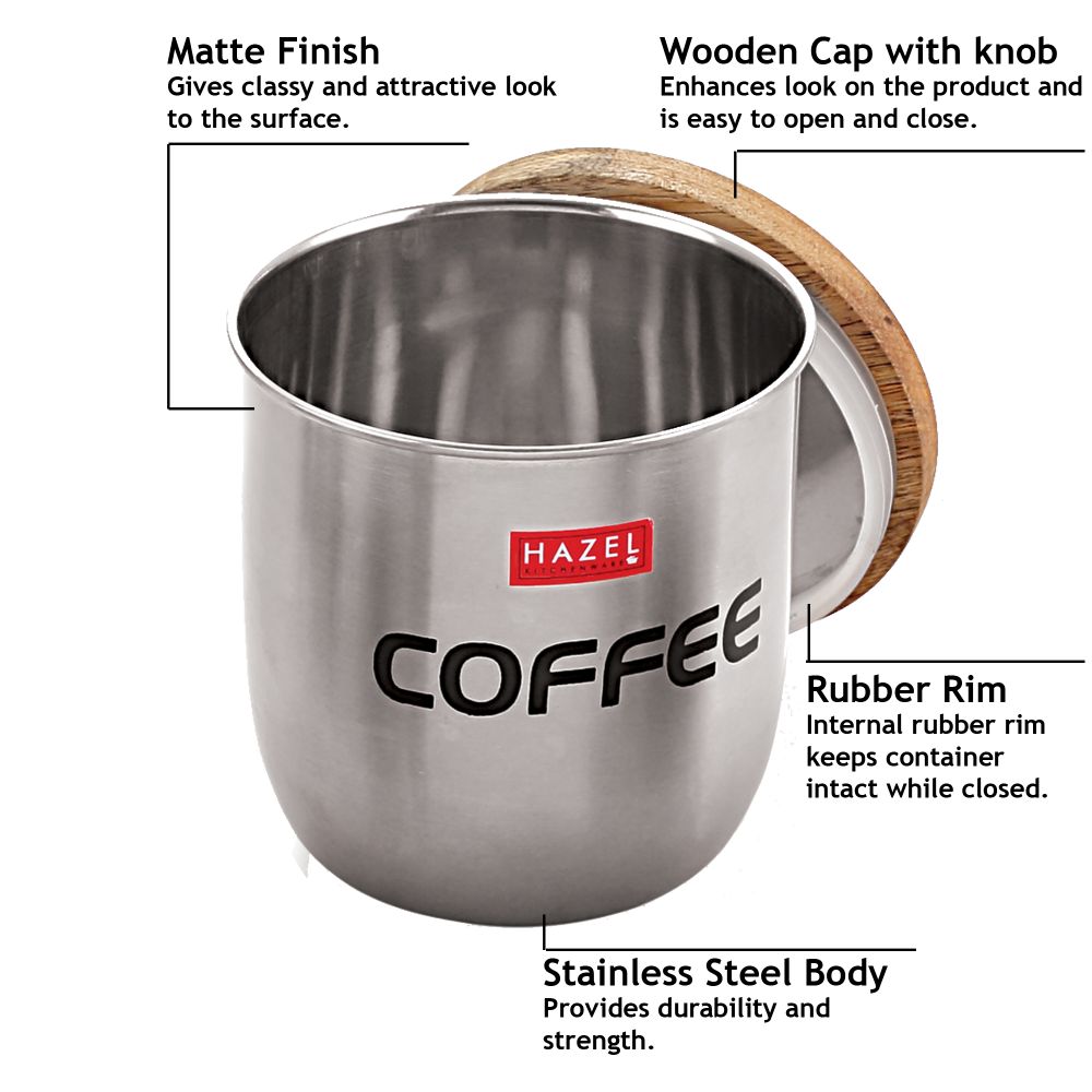 HAZEL Stainless Steel Coffee Jar Storage Canister Container With Wood Lid & Knob, 1325 ML, Silver