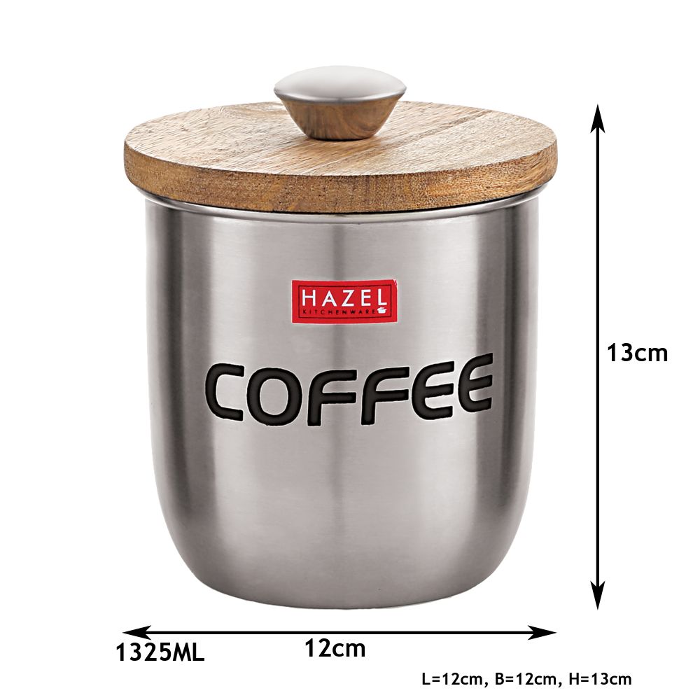 HAZEL Stainless Steel Coffee Jar Storage Canister Container With Wood Lid & Knob, 1325 ML, Silver
