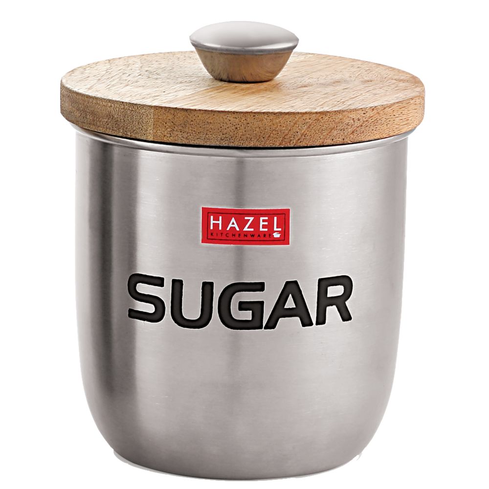 HAZEL Stainless Steel Sugar Jar Storage Canister Container With Wood Lid & Knob, 1325 ML, Silver