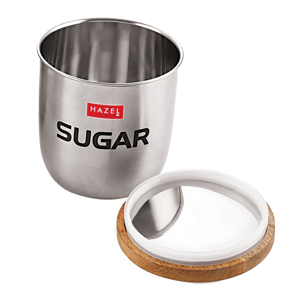 HAZEL Stainless Steel Sugar Jar Storage Canister Container With Wood Lid & Knob, 1325 ML, Silver