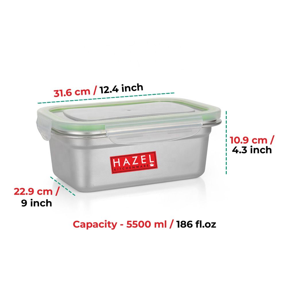 HAZEL Stainless Steel Containers for Storage with Transparent Lid | Microwave Safe Containers | Airtight Steel Containers for Kitchen | Leakproof Microwave Containers for Kitchen Storage, 5500 ML