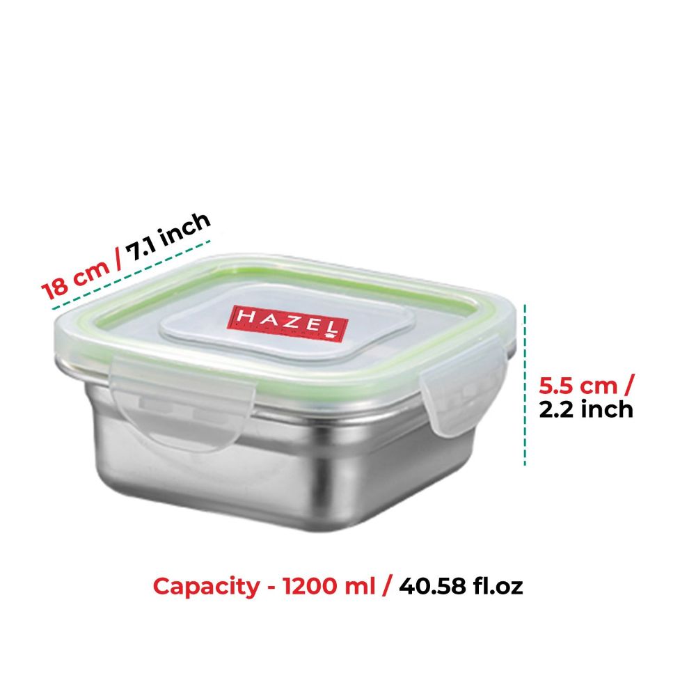 HAZEL Stainless Steel Kitchen Container | Microwave Safe Containers | Airtight Container For Kitchen Storage | Leakproof Snacks Storage Dabba Rectangle, 1200 ML
