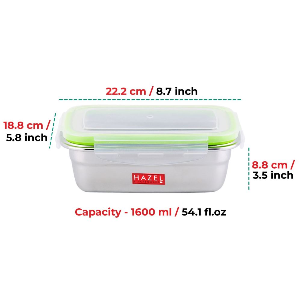 HAZEL Stainless Steel Containers for Storage with Transparent Lid | Large Steel Dabba | Airtight Steel Containers for Kitchen | Leakproof Microwave Containers for Kitchen Storage, 1600 ML