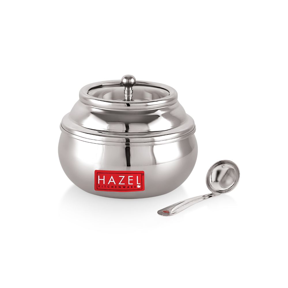 HAZEL Stainless Steel Ghee Pot with Spoon & See Through Lid | Oil Containers for Kitchen | Ghee Storage Container with Glossy Finish, 250 ML