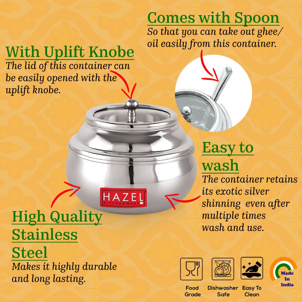 HAZEL Stainless Steel Ghee Pot with Spoon & See Through Lid | Oil Containers for Kitchen | Ghee Storage Container with Glossy Finish, 250 ML