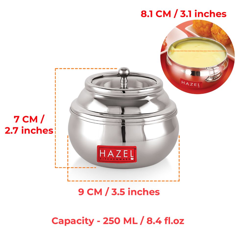 HAZEL Stainless Steel Ghee Pot with Spoon & See Through Lid | Oil Containers for Kitchen | Ghee Storage Container with Glossy Finish, 250 ML