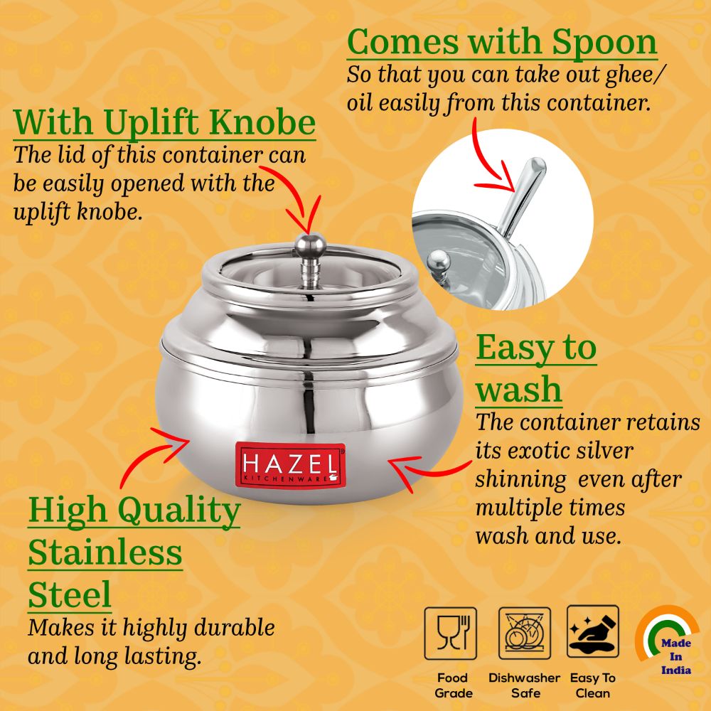 HAZEL Stainless Steel Ghee Pot with Spoon & See Through Lid | Oil Containers for Kitchen | Ghee Storage Container with Glossy Finish, 350 ML
