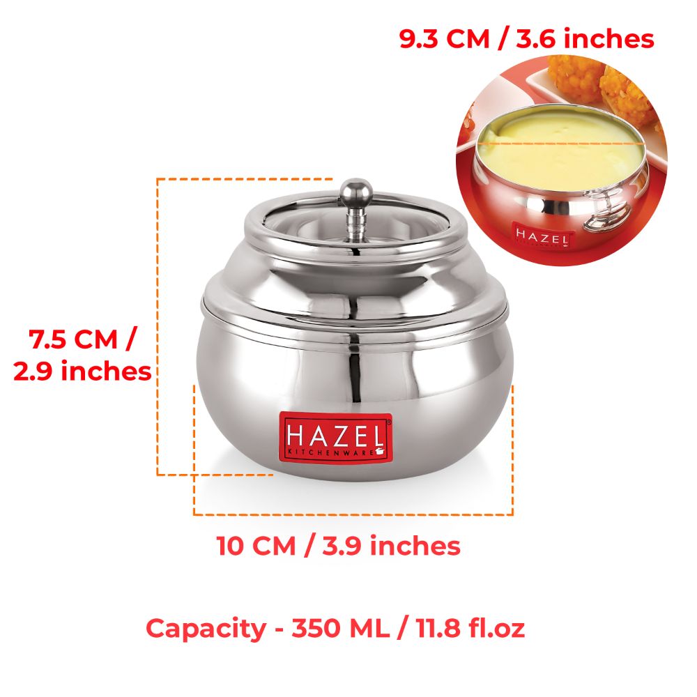 HAZEL Stainless Steel Ghee Pot with Spoon & See Through Lid | Oil Containers for Kitchen | Ghee Storage Container with Glossy Finish, 350 ML