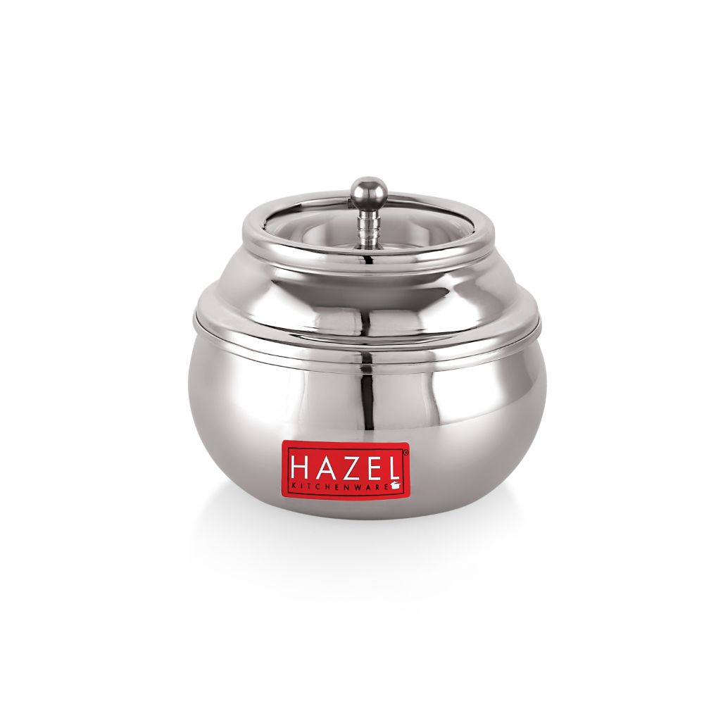 HAZEL Stainless Steel Ghee Pot with Spoon & See Through Lid | Oil Containers for Kitchen | Ghee Storage Container with Glossy Finish, 350 ML